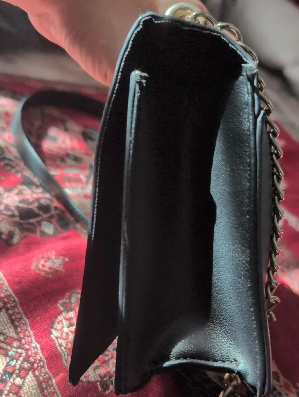 Black Embossed Leather Crossbody Bag with Red Floral Embroidery